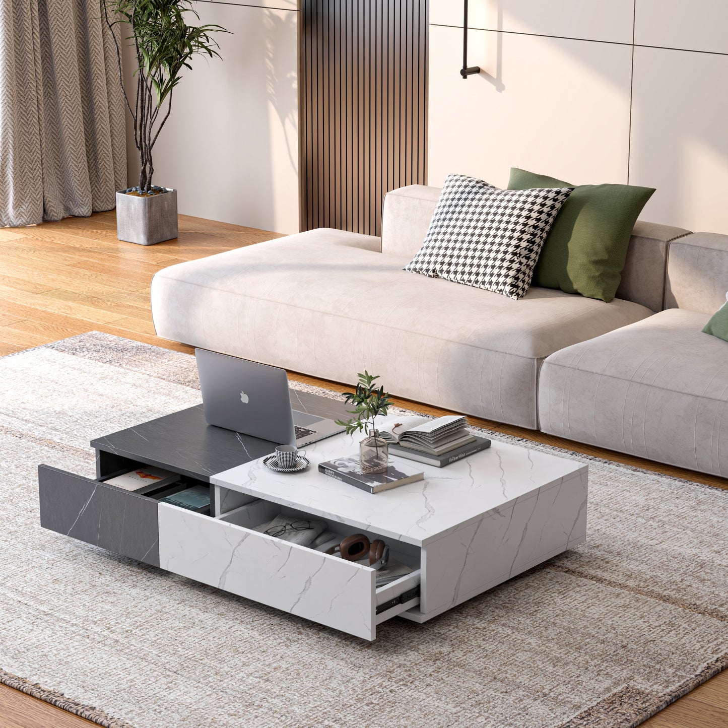 Modern style black and white coffee table with two storage spaces - Korvel
