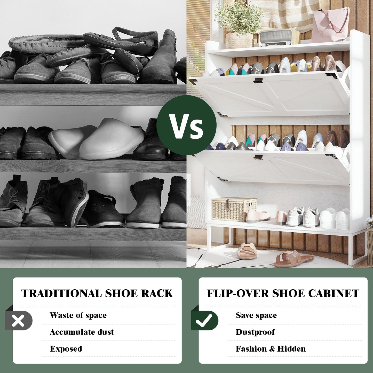 Elegant White Shoe Cabinet with 2 Flip Drawers