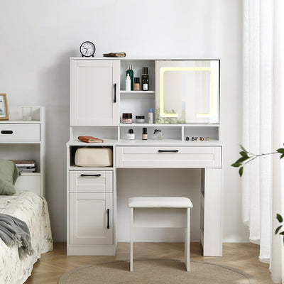 Vanity table with large sliding lighted mirror dressing table with 2 drawers storage shelves and upholstered stool white color - Korvel