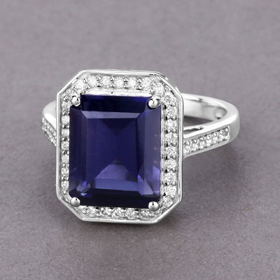 3.70 Carat Iolite and Diamond 14K White Gold Engagement Ring