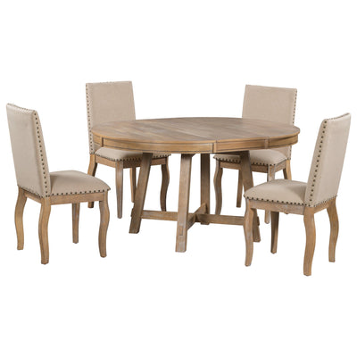 TREXM 5-Piece Farmhouse Dining Table Set Wood Round Extendable Dining Table and 4 Upholstered Dining Chairs (Natural Wood Wash) - Korvel