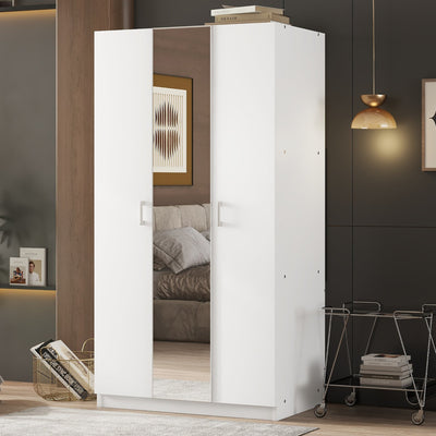 3 Door Wardrobe with Mirror, Armoire with Hanging Rod and 3 Fixed Shelves,White - Korvel