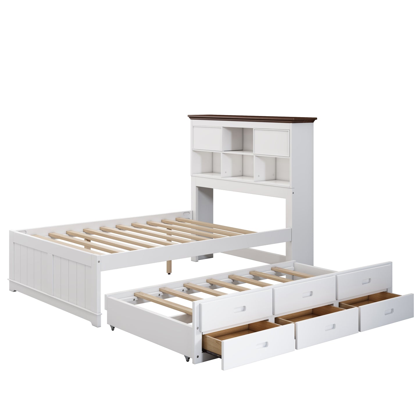 Solid Pine Captain Bookcase Bed with Trundle Bed and 3 Spacious Under Bed Drawers in Casual,Full, White+Walnut - Korvel