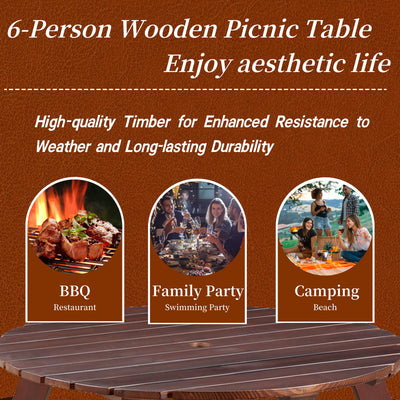 6-person circular picnic table with 3 built-in benches, umbrella holes, outdoor tables and chairs brown bench set - Korvel