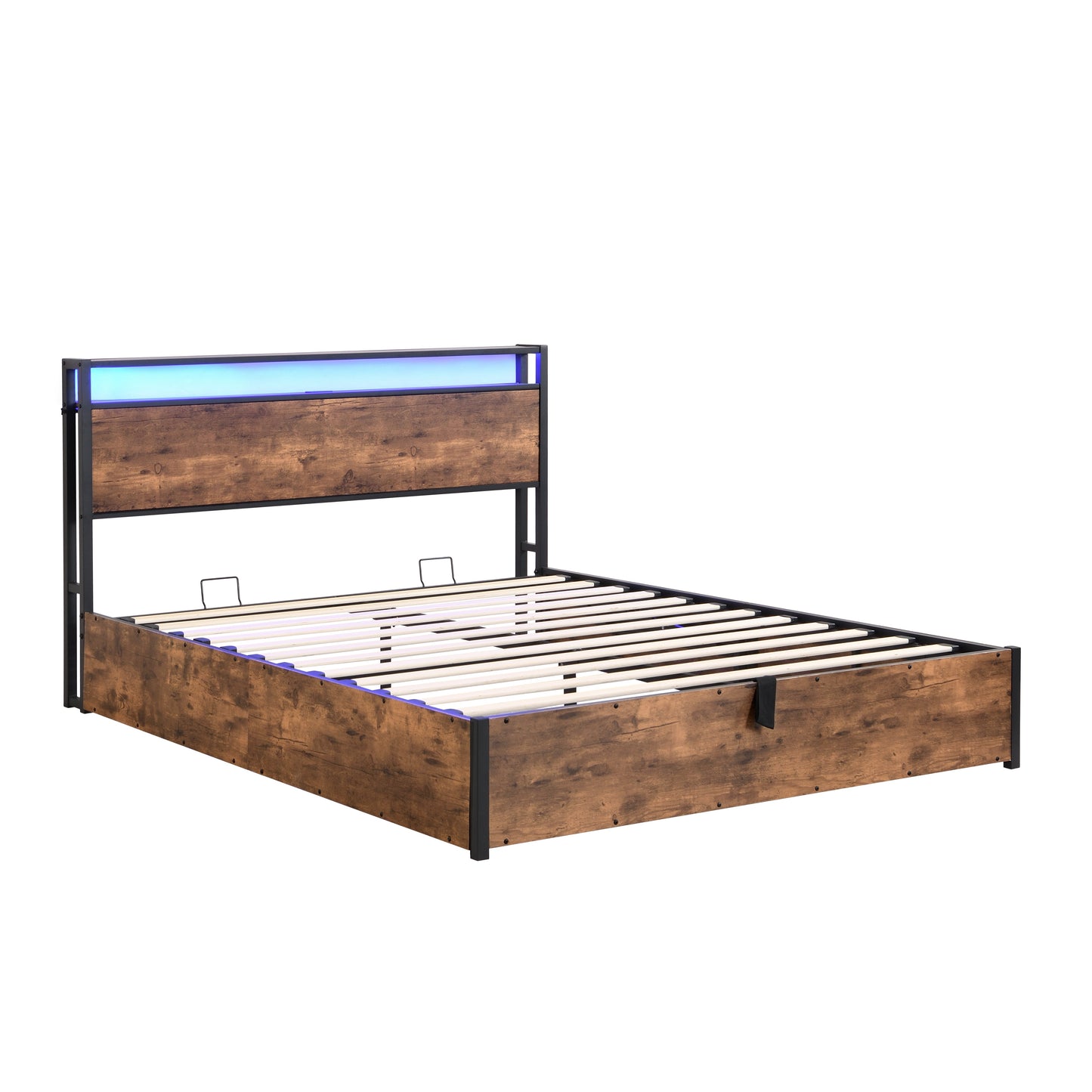 Elevating storage bed frame, full-size bed frame with bookshelf headboard and LED lights, with country brown color - Korvel