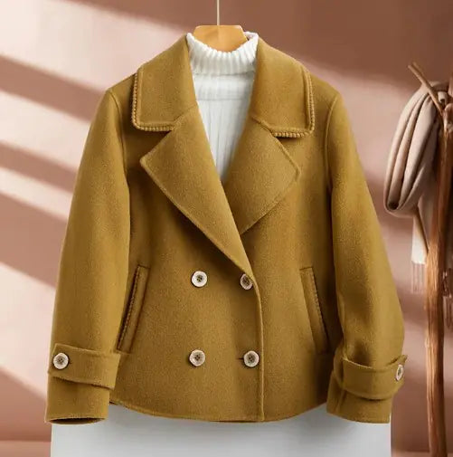 Manteau en Laine à Col Cranté et Double Boutonnage pour Femmes