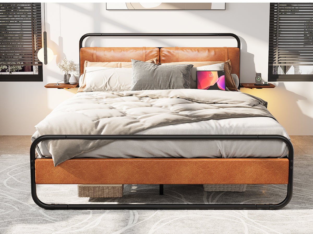 King Size Metal Bed Frame with Upholstered Headboard