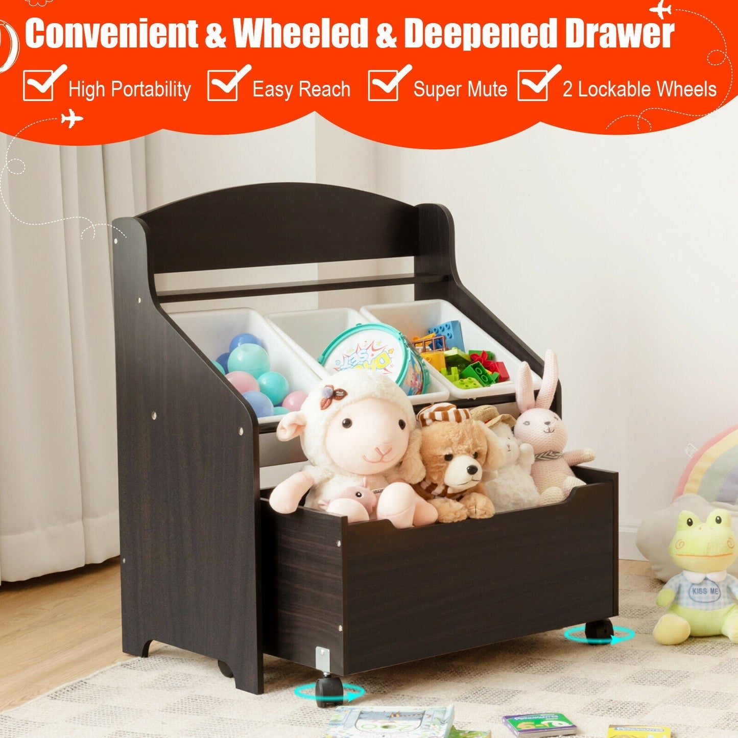 Unité de rangement en bois pour jouets pour enfants avec boîte à jouets roulante - Espresso