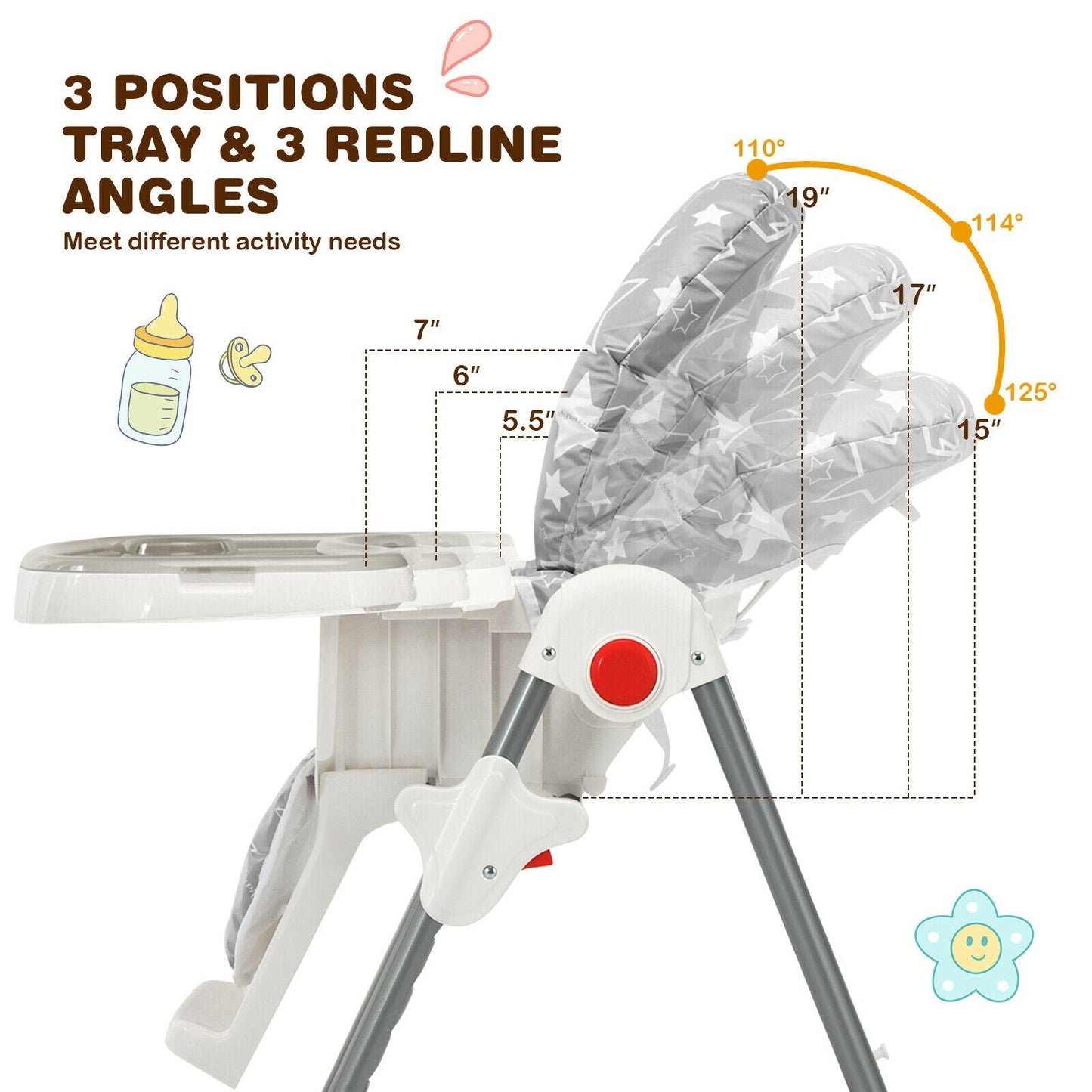 Chaise Haute Pliable pour Bébé avec Réglage de Hauteur à 6 Niveaux - Gris