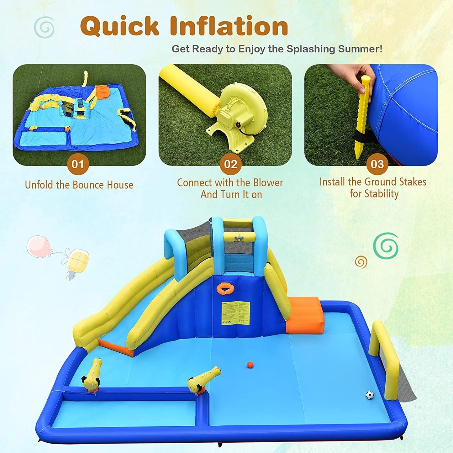 6-in-1 Inflatable Water Slide for Kids with Blower