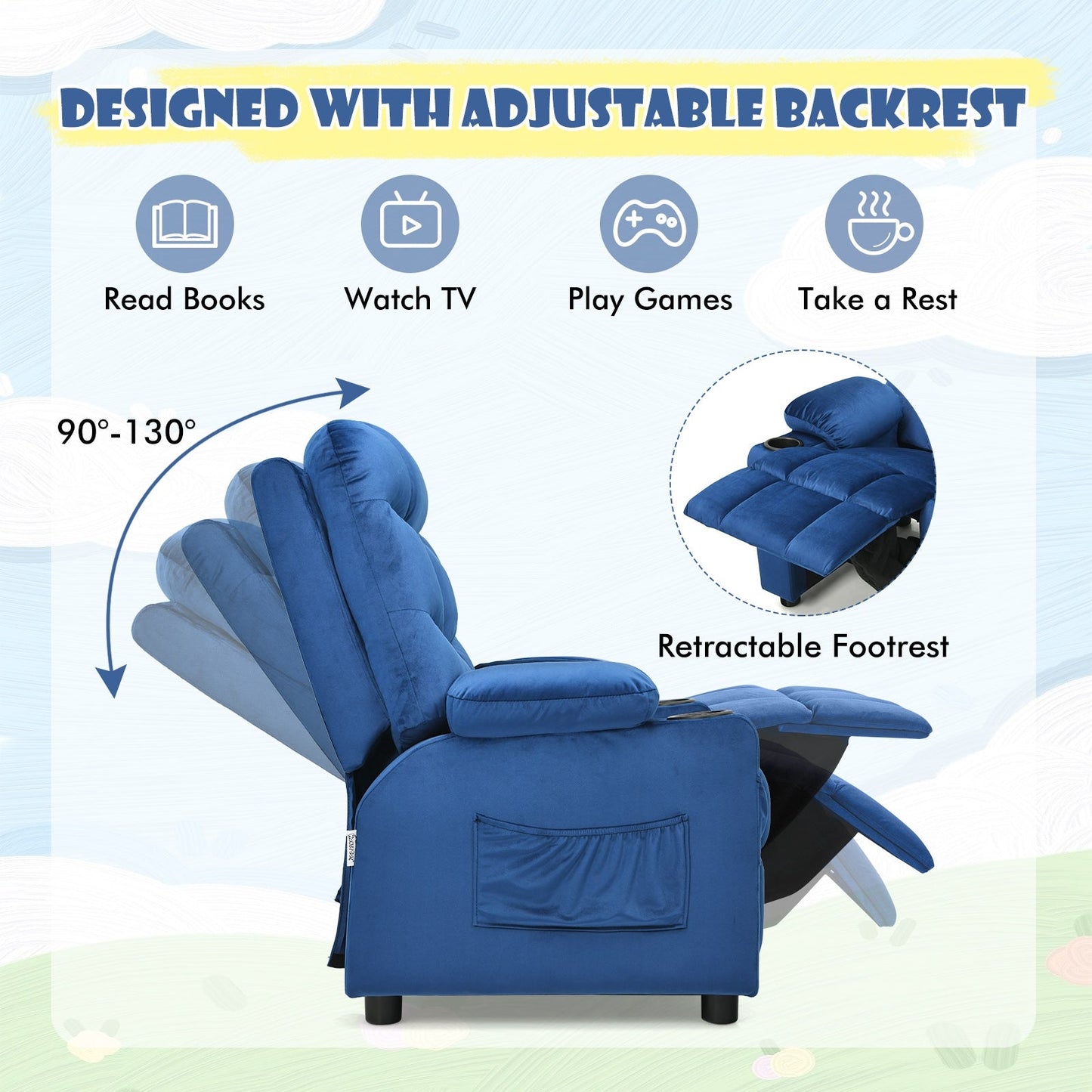 Sillón Reclinable para Niños con Portavasos y Reposapiés - Azul Claro