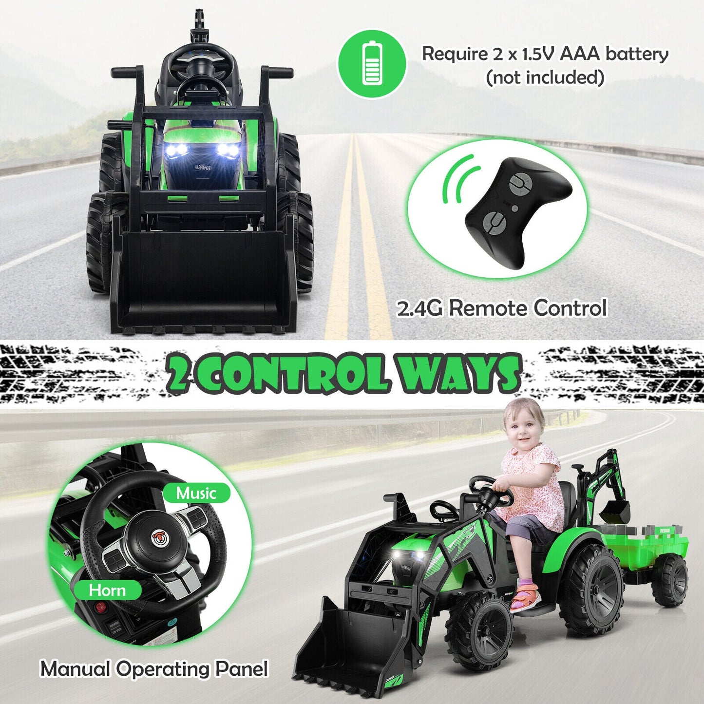 12V 3 in 1 Kids Ride On Excavator with Shovel - Green