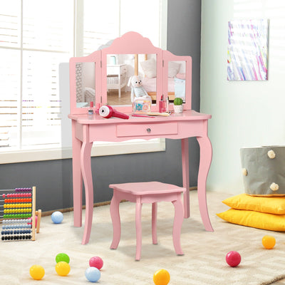 Kids Pink Makeup Dressing Mirror Vanity Table Set