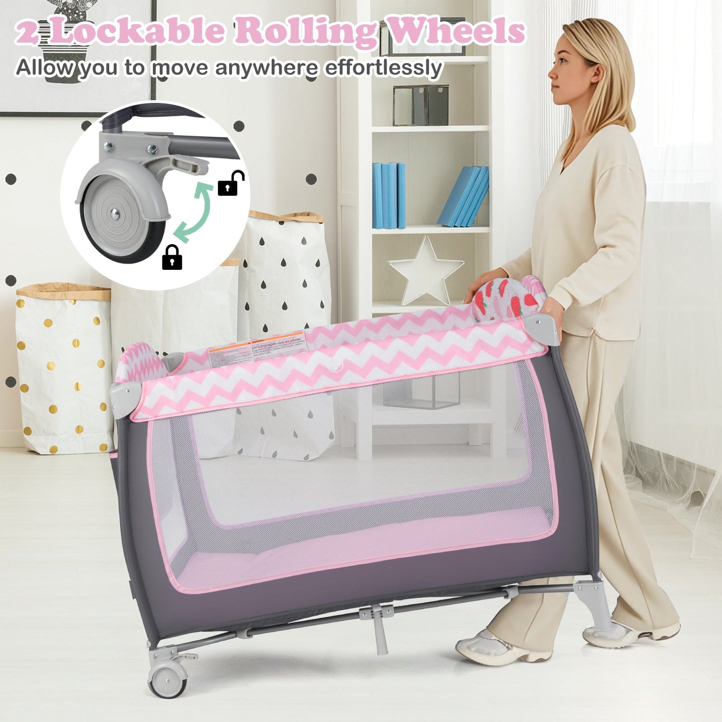 Parc à bébé portable 3-en-1 avec porte zippée - Rose
