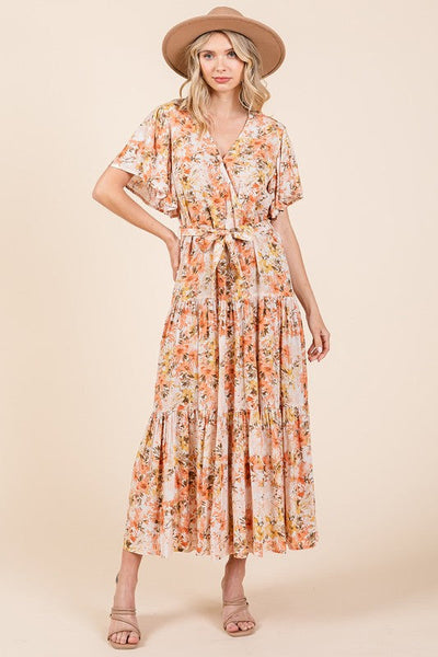 Summer Floral Tie Waist Flutter Sleeve Tiered Dress