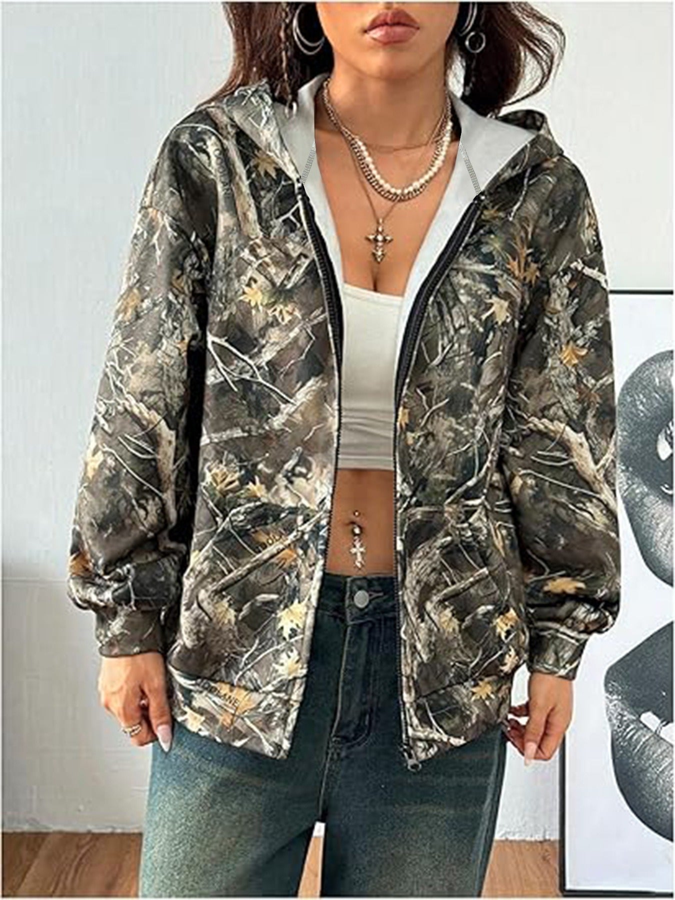 Chaqueta de Manga Larga Suelta de Camuflaje para Mujeres en Otoño