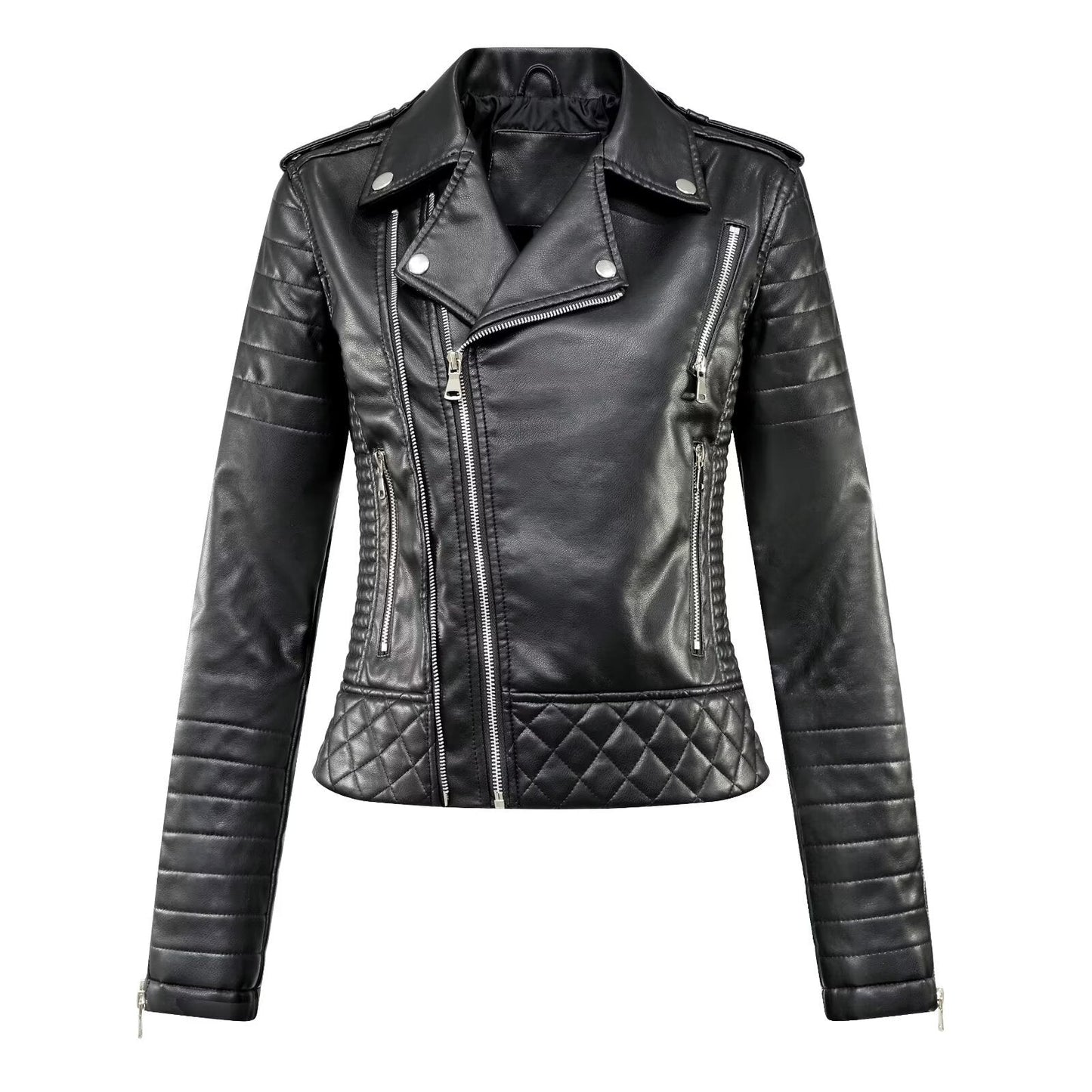 Premium Turn-down Collar PU Leather Bomber Jacket for Women