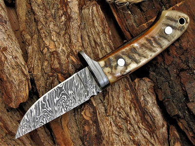 Artisan Crafted Damascus Steel Skinning Knife with Sheep Horn Handle - 8-Inch Blade and Leather Sheath for Hunters - Korvel
