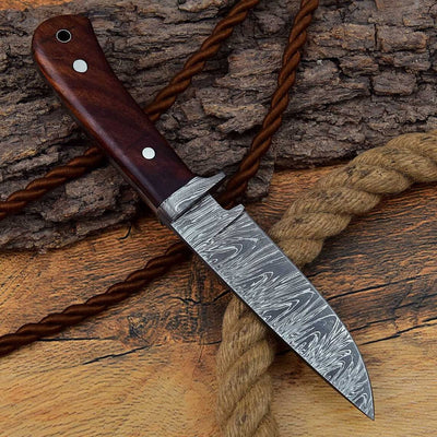 Artisan Crafted Hunting Knife with Damascus Steel Blade & Rosewood Handle - 8.25 Inches - Korvel