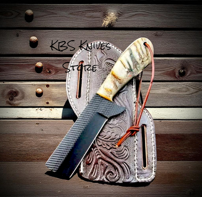8.25" Premium Full Tang Bull Cutter Knife with Sheep Horn Handle & Leather Sheath - Korvel