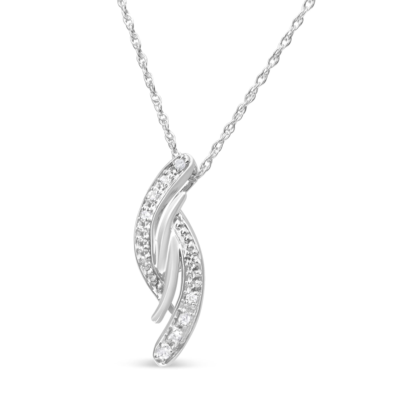Collier Pendentif Courbe Bypass en Argent Sterling .925 avec Accent de Diamant