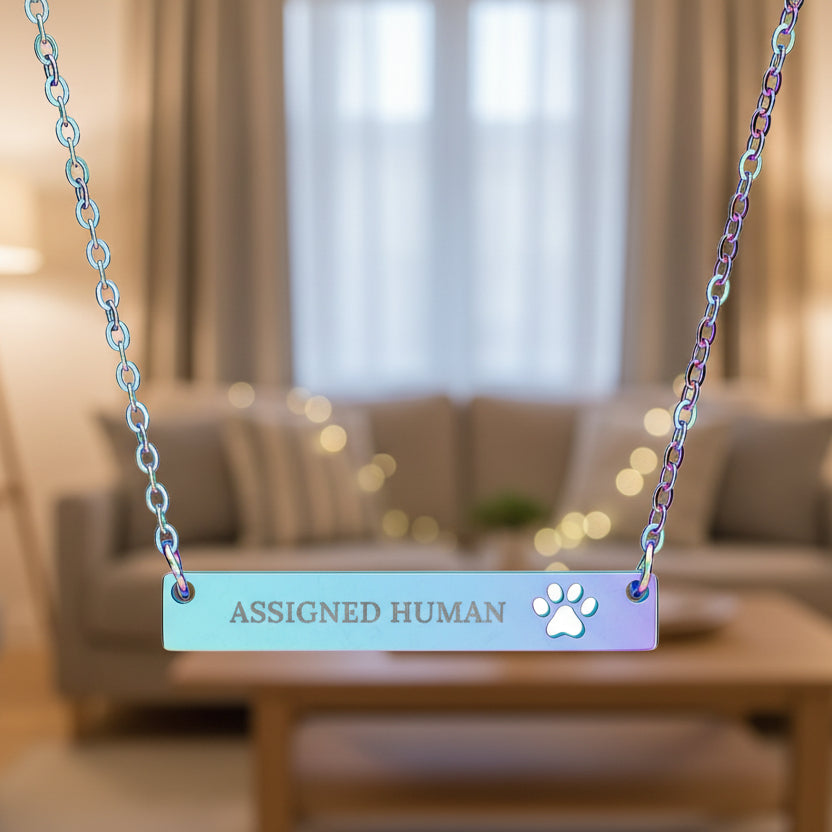 Assigned Human Bar Necklace | Engraved Cat Love Jewelry