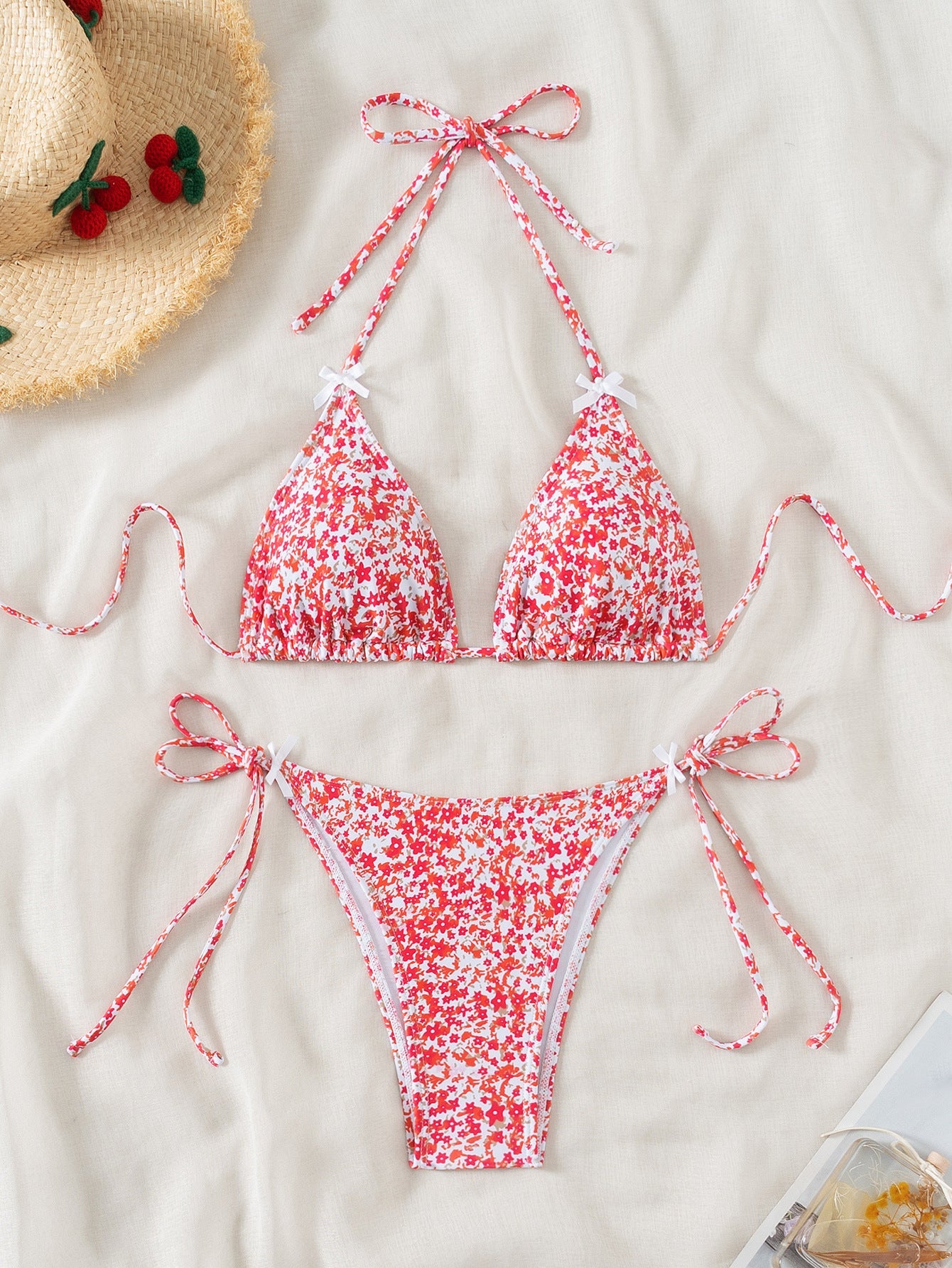 Floral triangle cup lace up sexy bikini split swimsuit for women - Korvel