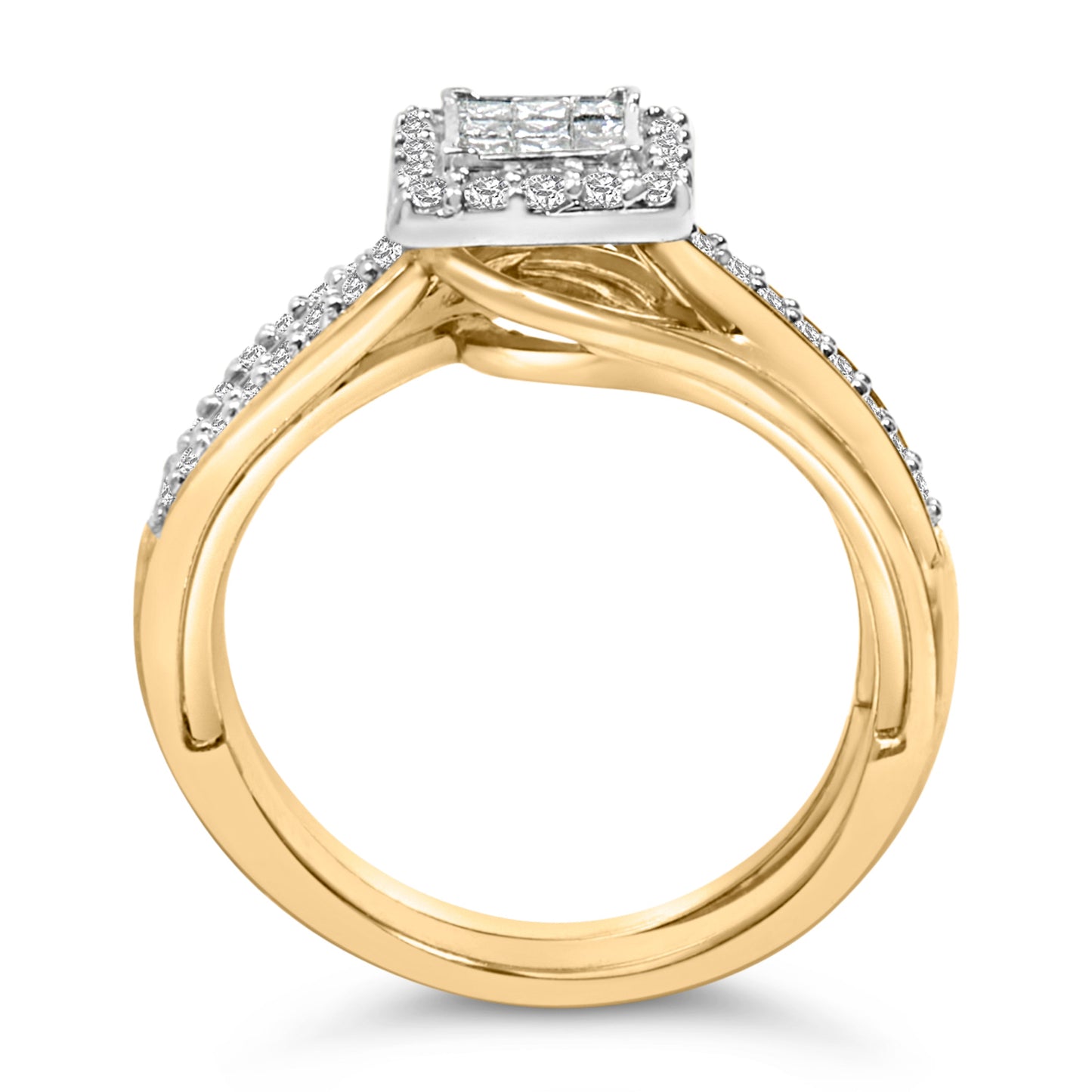 Ensemble de Mariage en Argent Sterling Plaqué Or Jaune 14K avec Diamants Carrés Princess