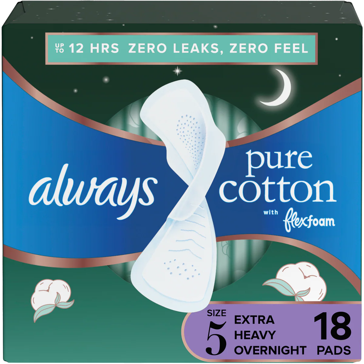 Always Pure Cotton FlexFoam Overnight Pads, Size 5, 54 Count