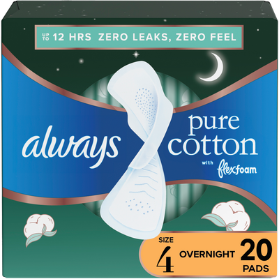 Always Pure Cotton FlexFoam Overnight Pads - Size 4, 3 Packs of 20