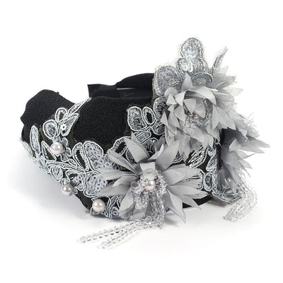 Hand embroidered three-dimensional simulation crystal flower headband pearl headband - Korvel