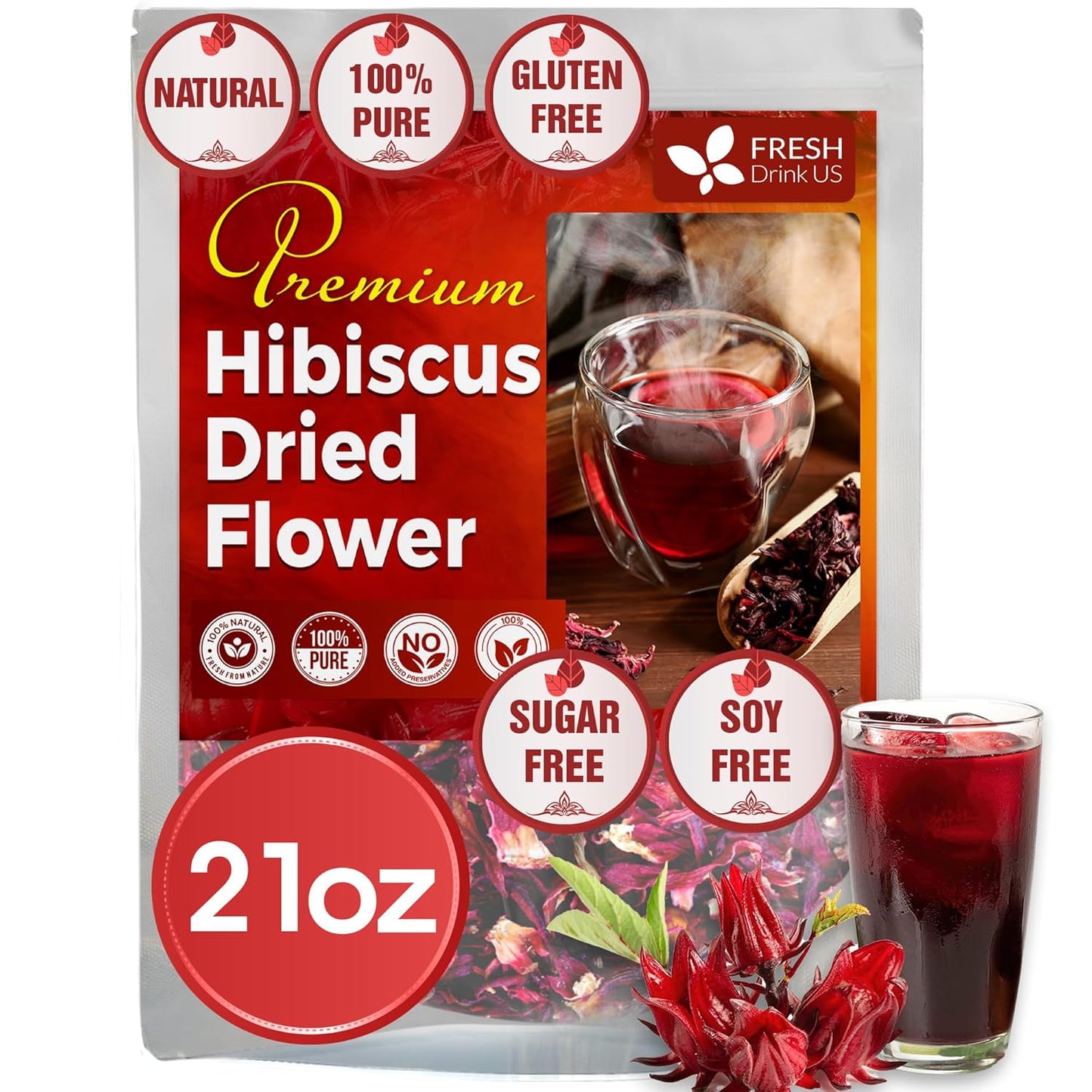 Flores secas de hibisco, bolsitas de té, 100 % natural, puro de flores de hibisco. Té de hibisco a granel. Té de flor de hibisco. Sin azúcar, sin cafeína, sin gluten, vegano.