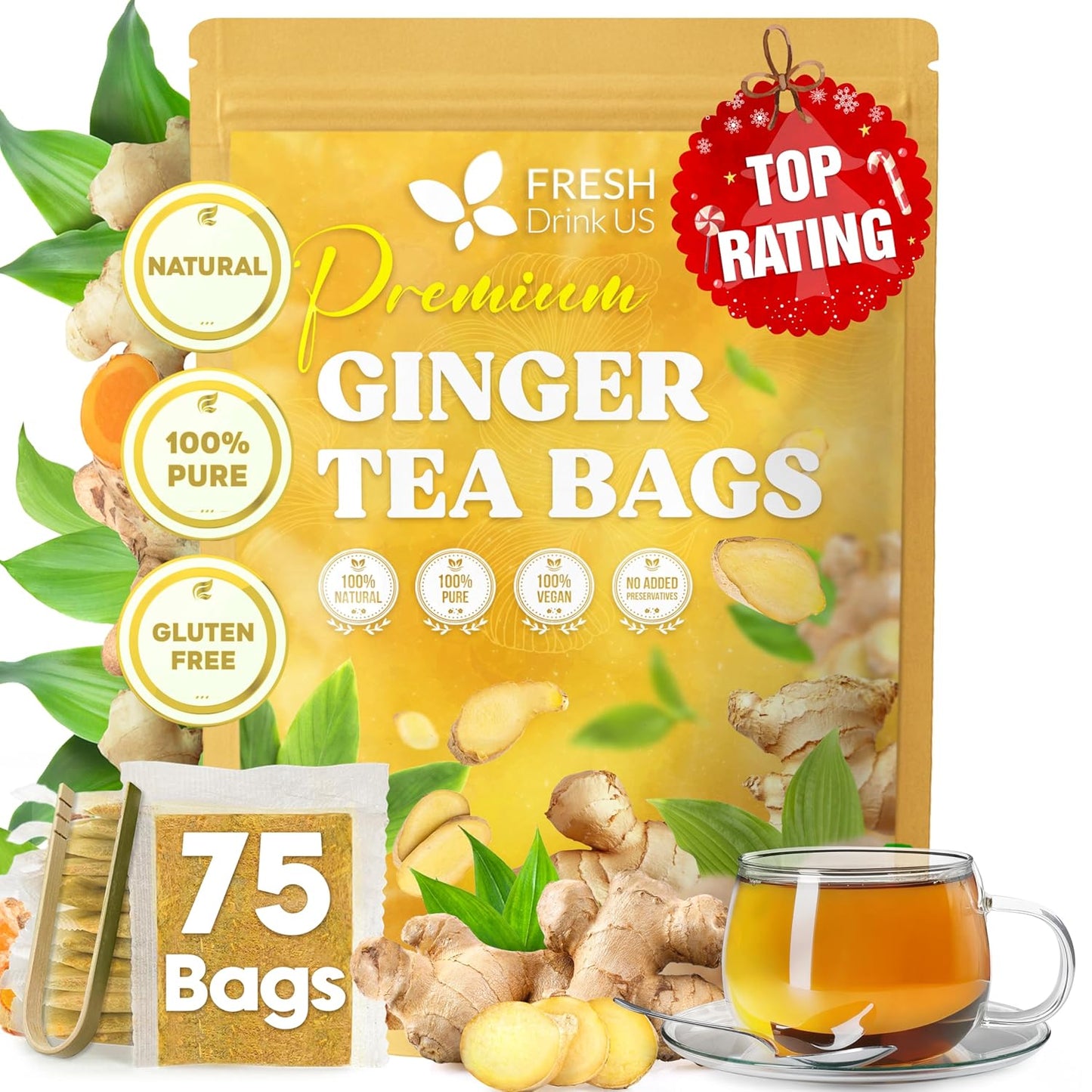 Bolsitas de té de jengibre premium, 100 % natural y puro, hechas de raíces de jengibre. Té de jengibre, infusión de jengibre. Sin azúcar, sin cafeína, sin gluten, vegano.