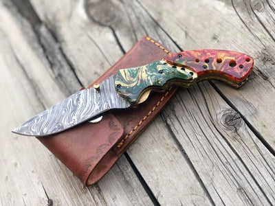 Premium Folding Pocket Knife with Epoxy Resin Handle & Leather Case - 3.25" Blade by KBS Knives - Korvel