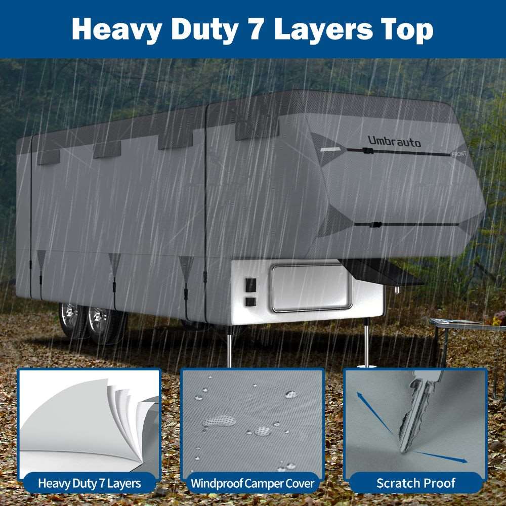 Umbrauto 5th Wheel RV Cover Upgraded 7 Layers Top Anti-UV Waterproof Breathable Camper Covers - Korvel