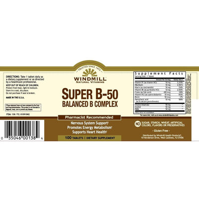 Windmill Super B50 Balanced B Complex Vitamin Tablets - 100ct
