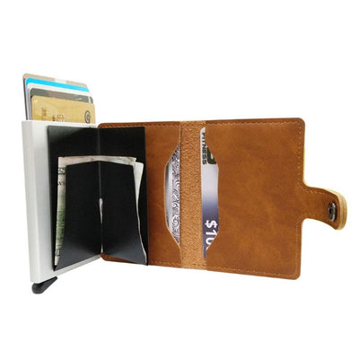 RFID Protected Vintage Automatic Leather Credit Card Holder Men Aluminum Alloy Hasp Business ID Multifunction Cardholder Wallet - Korvel