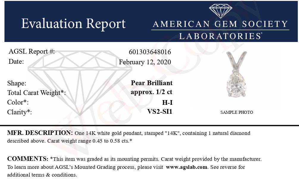 Collar de Perla de Diamante en Forma de Pera de Oro Blanco de 14K Certificado por AGS de 1/2 Cttw