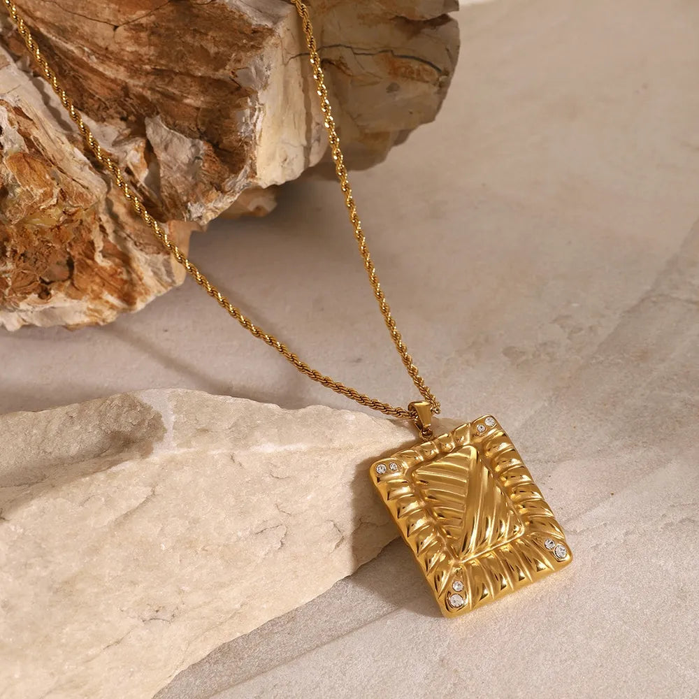 Stainless Steel Inlaid Rhinestone Rectangle Shape Pendant Necklace - Korvel