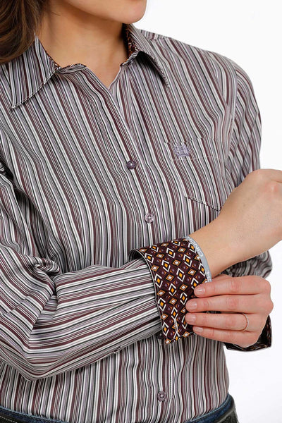 Chic Burgundy Striped Button-Up Shirt for Women - Korvel