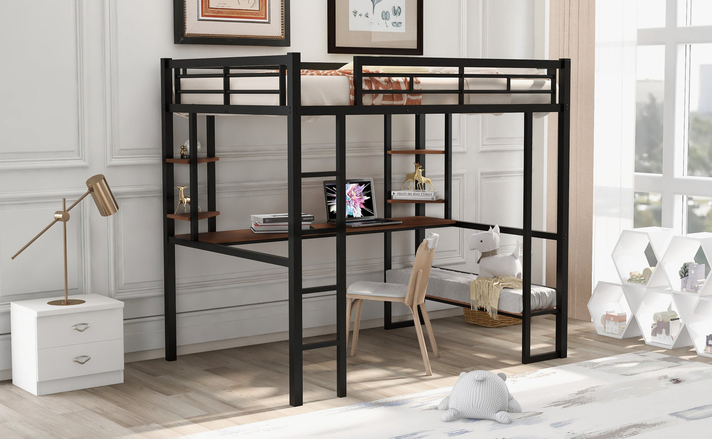 Full Size Loft Metal&MDF Bed with Long Desk and Shelves Black - Korvel