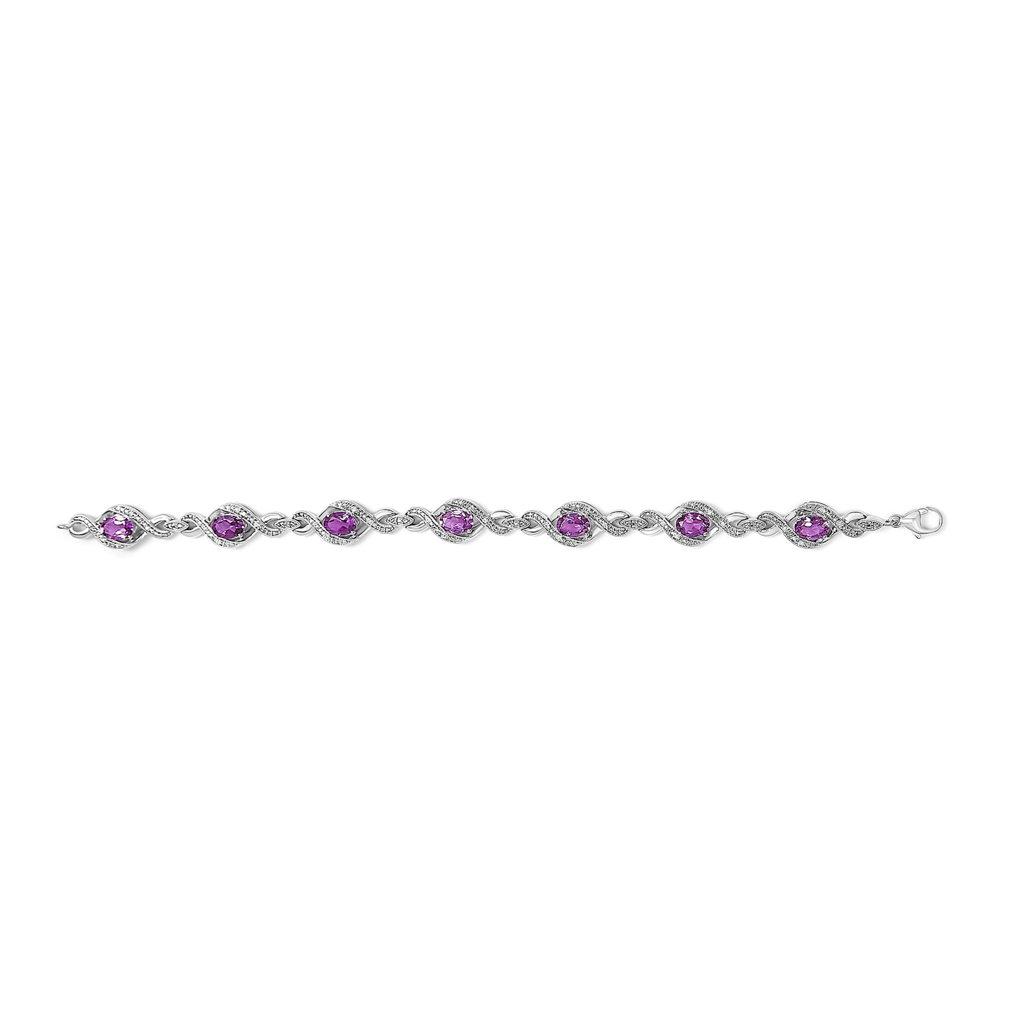 .925 Sterling Silver Amethyst and Diamond Cross Tennis Bracelet - 7"
