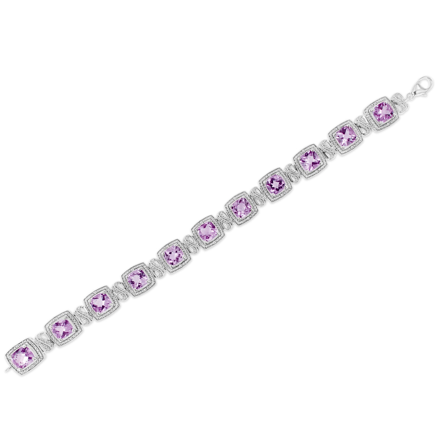 .925 Sterling Silver Cushion Cut Purple Amethyst & Diamond Tennis Bracelet - 7"