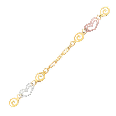 14k Tri-Color Gold Anklet with Heart Stations