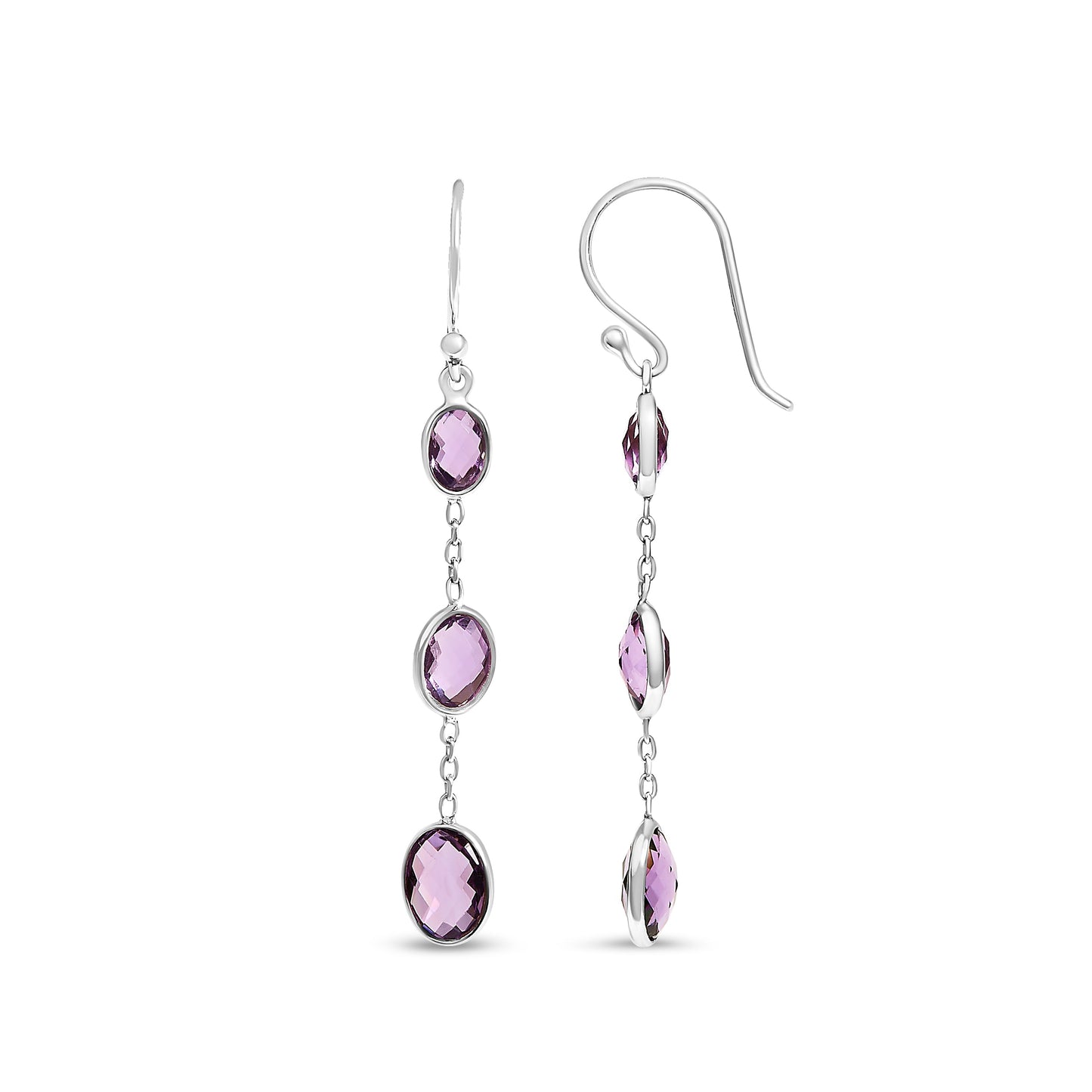 .925 Sterling Silver Checkerboard Cut Oval Purple Amethyst Earrings