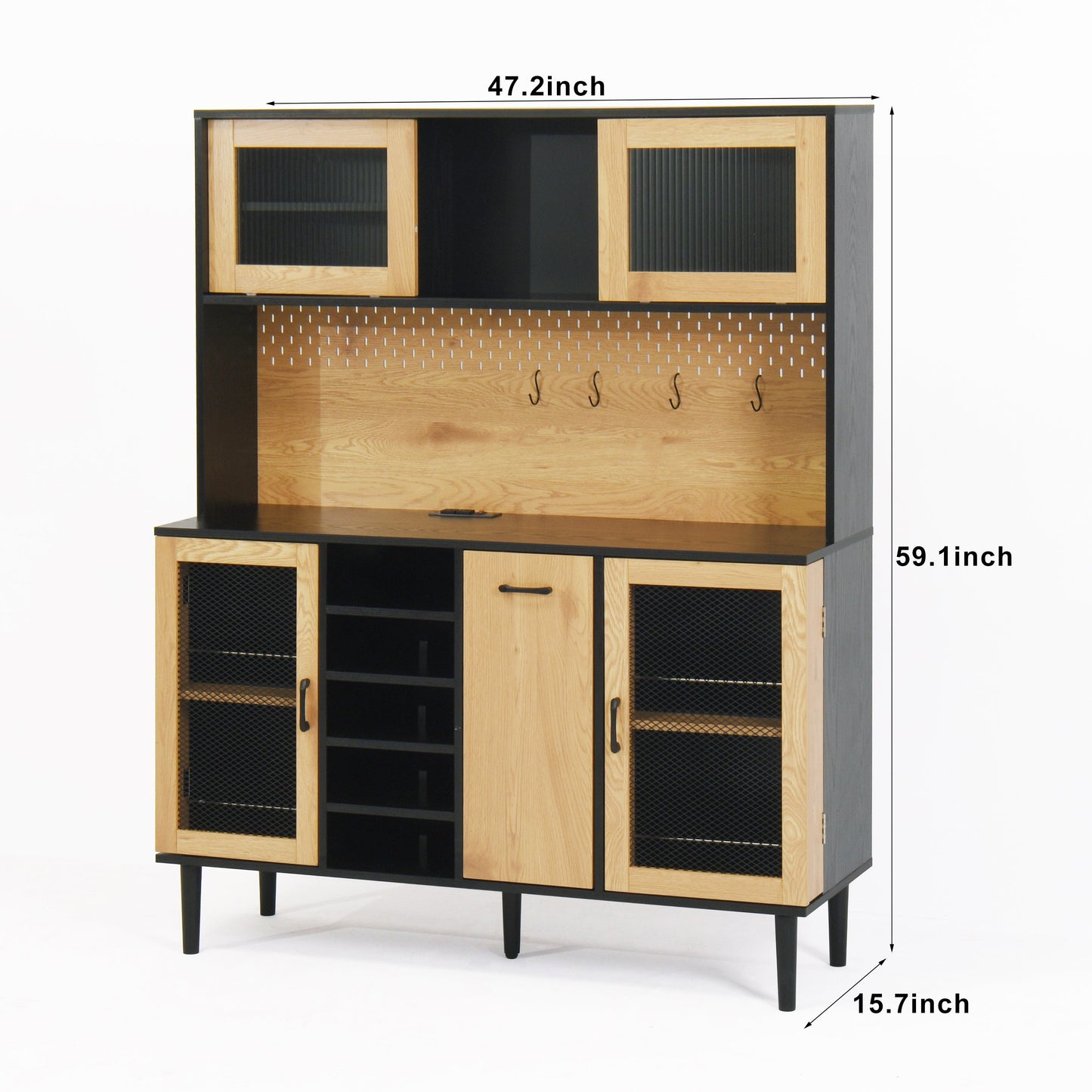59 "H buffet side cabinet with storage door and power outlet, coffee bar cabinet with wine rack, black and natural colors - Korvel