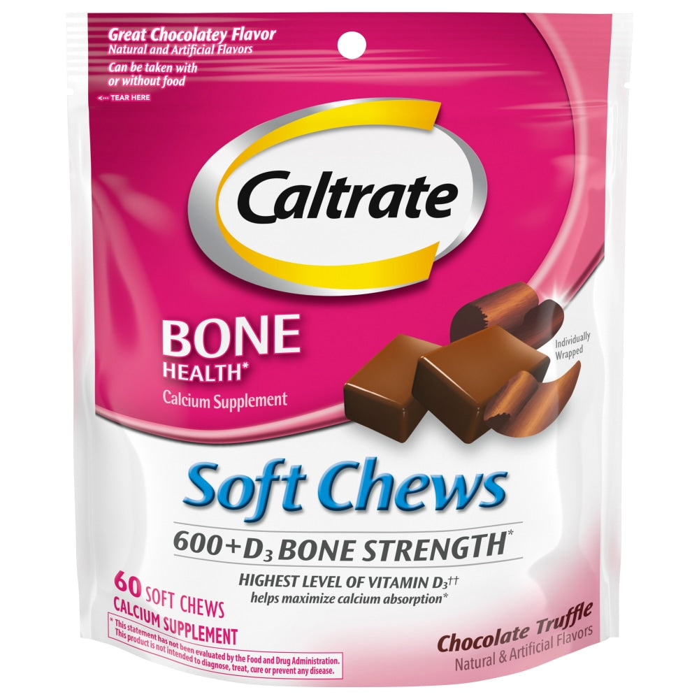 Caltrate Soft Chews 600+D3 Suplemento de Calcio y Vitamina D, Trufa de Chocolate