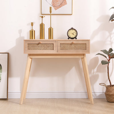 Side table with two real rattan drawers, solid wood table legs can be used in the dining room living room,bedroom - Korvel