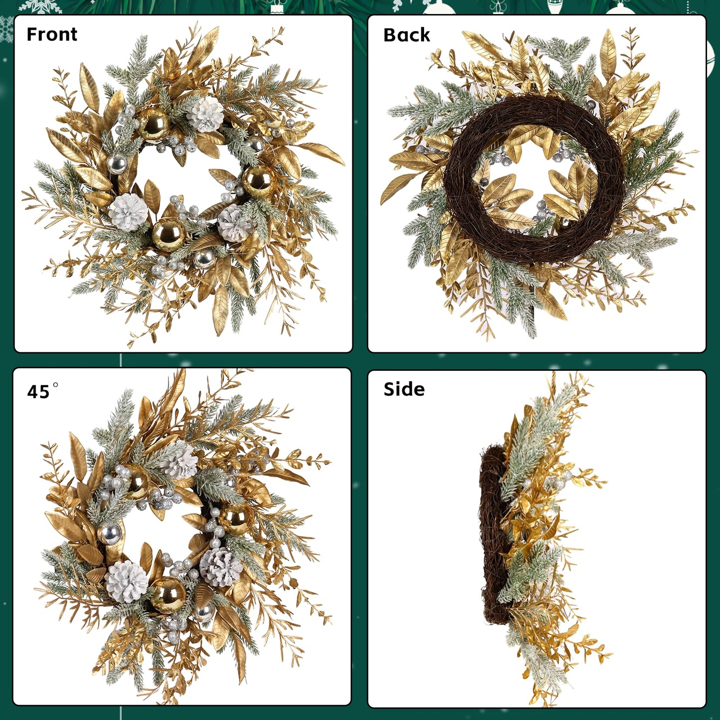 Christmas Wreath 20 Inch Christmas Door Decorations Wreath with Warm Lights - Korvel