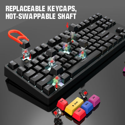 87 key wired mechanical gaming keyboard with red axis for esports and office use, with over 20 types of white light insertable shafts - Korvel